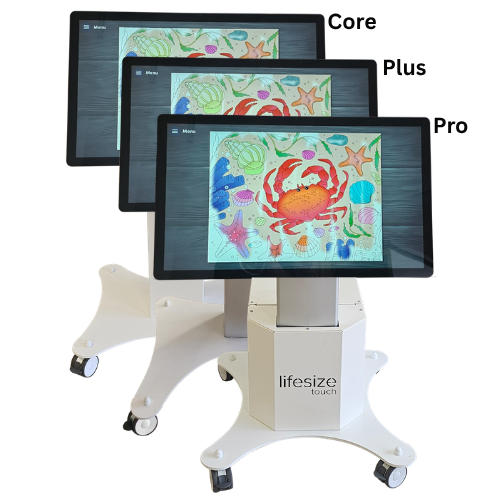 Shows a series of three touchscreen tables for care homes on a portable stand