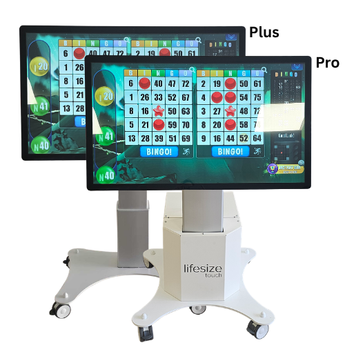Shows a series of large touchscreen tables for care homes on a portable stand